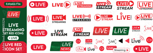 Live streaming icon set. Social media, broadcast, blog, live shows, news, live stream, red, frame, and video content flat icon. Vector illustration