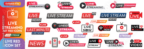 Live streaming icon set. Social media, broadcast, blog, live shows, news, live stream, red, frame, and video content flat icon. Vector illustration