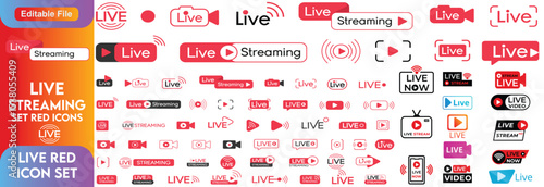 Live streaming icon set. Social media, broadcast, blog, live shows, news, live stream, red, frame, and video content flat icon. Vector illustration