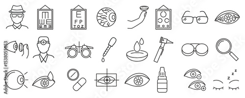 optometry signs black thin line icon set include eye vision test oculist eyedropper eyeglasses lens.