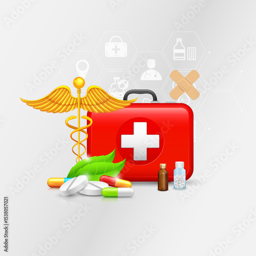 Healthcare and Medical background with medicine and First Aid Box