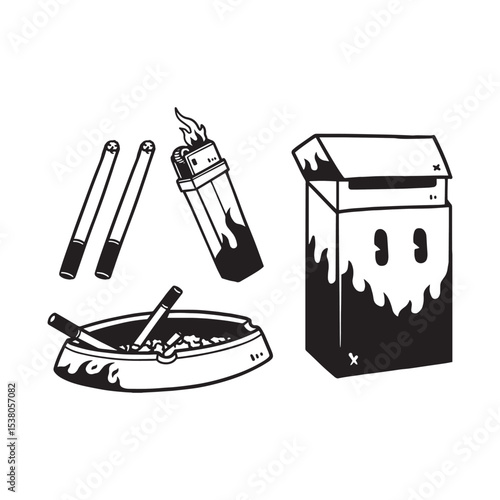 Hand drawn smoking set including smoke lighter ash tray smoke pack