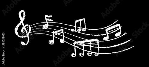 Charcoal white scribble music notation on black blackboard. Handwritten pop design with notes and clean lines. Cute childish music school or kindergarten white pastel or wax pencil signs