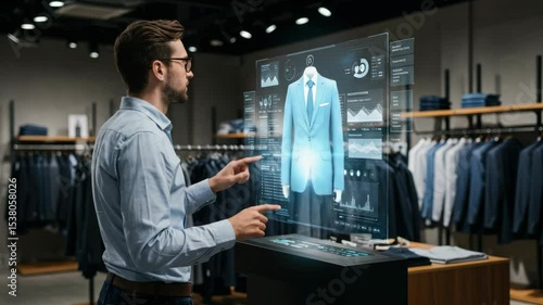 A man in a light blue shirt interacts with a futuristic interactive display showing a suit in a clothing store