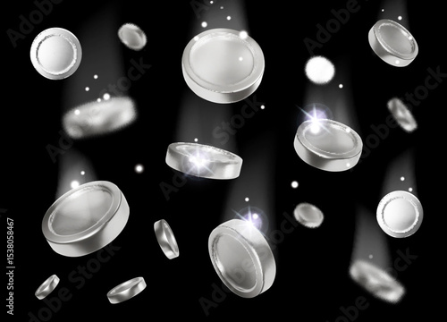 Realistic silver coins falling on a black background. Shining metal coin rain. Money flying Vector 3d illustration