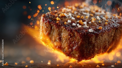 Fototapeta Naklejka Na Ścianę i Meble -  Sizzling Steak with Flames and Seasoning
