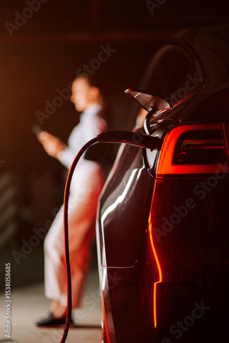 Business woman charging electric vehicle in underground parking while using smartphone