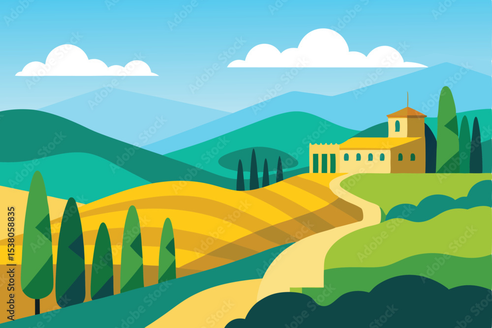 Obraz premium A stylized illustration of a Tuscan countryside landscape with rolling hills, a villa, and a winding path.