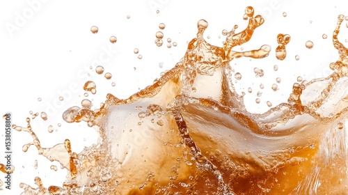 Close up view of a brown liquid splash with droplets on a white background in a studio setting shot