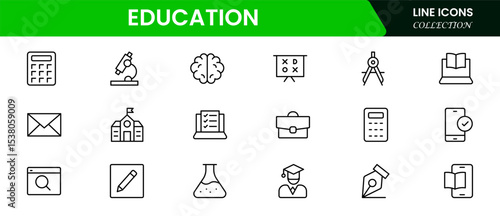 Engaging vector web line icons depicting education, learning tools, books, digital classrooms, and academic growth for knowledge advancement.