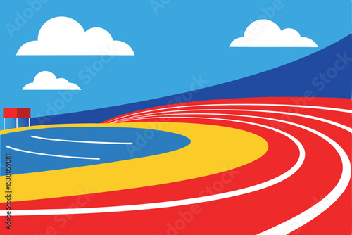 Colorful illustration of a running track stadium with stands, a water feature, and a clear sky.