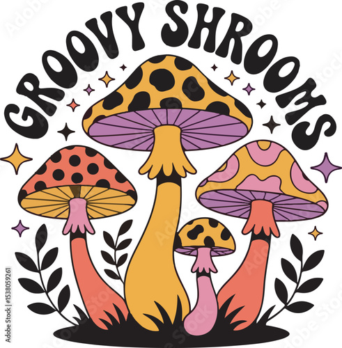 Groovy Shrooms Retro Mushrooms Orange Pink Purple Black