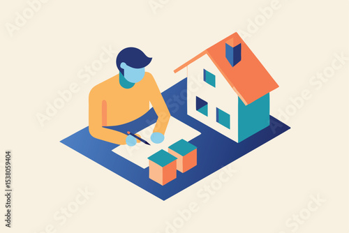 Man designing house plans, architectural blueprints, home construction, isometric illustration.