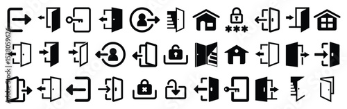 Set of login and logout black icons. vector illustration