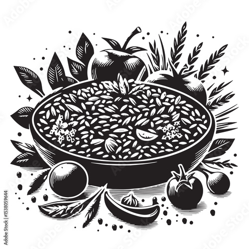 Black Risotto Primavera Silhouette Vector, High Quality Illustration on White Background