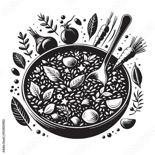 Black Risotto Primavera Silhouette Vector, High Quality Illustration on White Background
