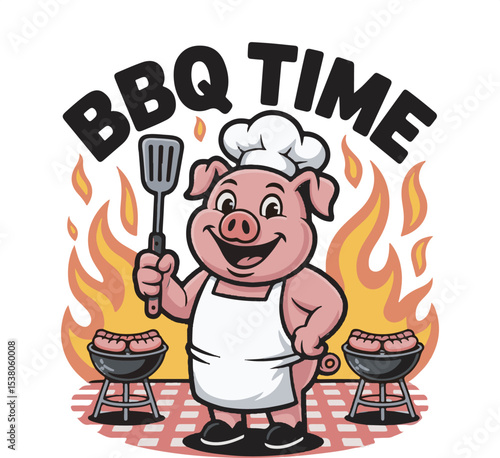 Happy Pig Chef B Q Time Cartoon Illustration Grilling Sausages