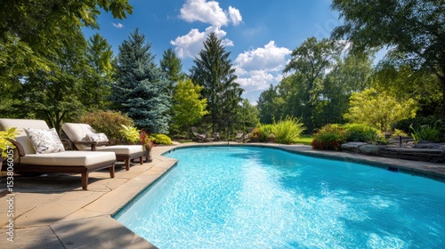 Sunny day at a serene backyard pool surrounded by lush greenery and comfortable lounge chairs.