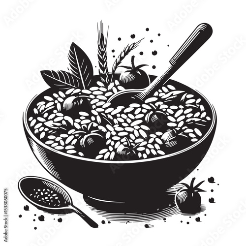 Black Risotto Primavera Silhouette Vector, High Quality Illustration on White Background