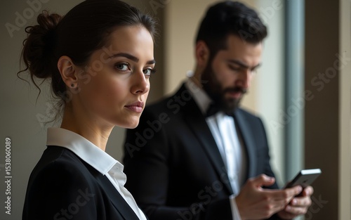 A woman looks intently with a serious expression. Behind her, a man in a tuxedo checks his phone. The setting feels modern and professional. This image captures tension between two colleagues. AI