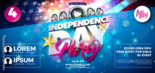 Fourth of July Independence Day of the USA Horizontal Party Banner Design with American Flag and Fireworks, Speakers on Night Blue Background. Vector Illustration for Celebration Flyer, Holiday Poster