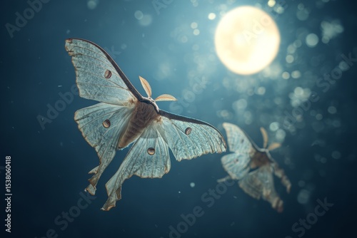 Elegant Lunar Moths Gliding Gracefully Through a Starry Nocturnal Sky Toward a Radiant Full Moon Surrounded by Dreamlike Glimmering Particles in a Mystical Atmosphere