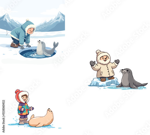 Vsai children interacting with seals in arctic landscape