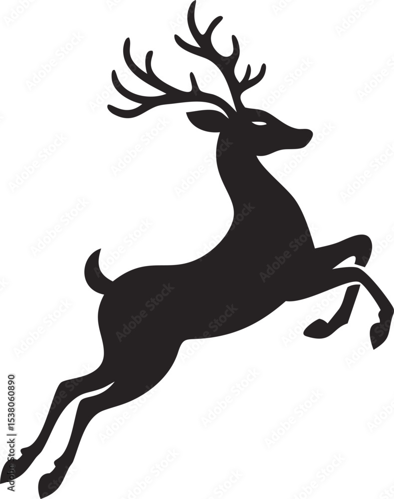 Naklejka premium Black Silhouette of a Reindeer Leaping with Large Antlers vector