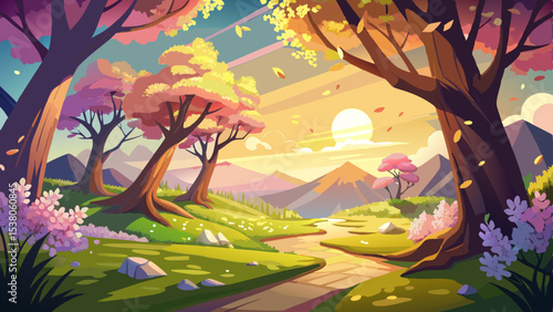 The beautiful spring landscape glows in golden sunlight. A gentle breeze moves through the forest, filling the nature glade with dancing shadows and blossoms in full bloom.