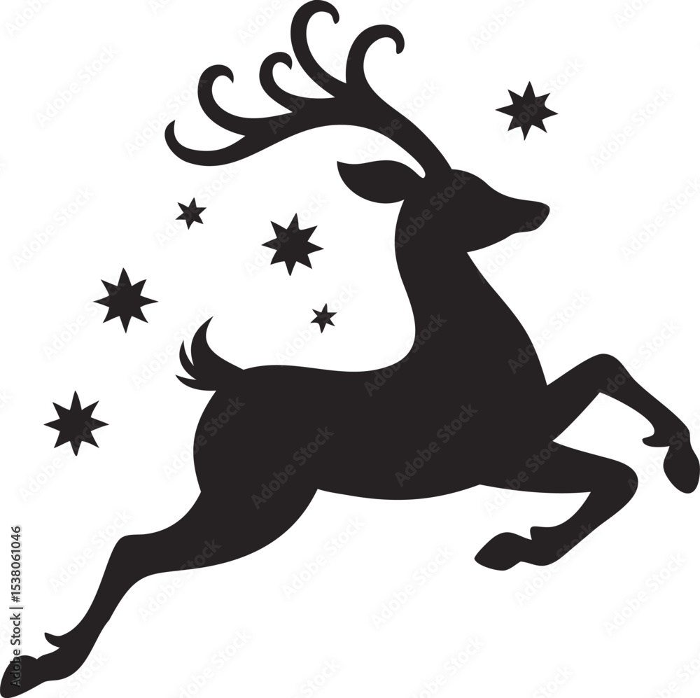 Obraz premium Black Silhouette Reindeer Leaping Stars Background Christmas Design white