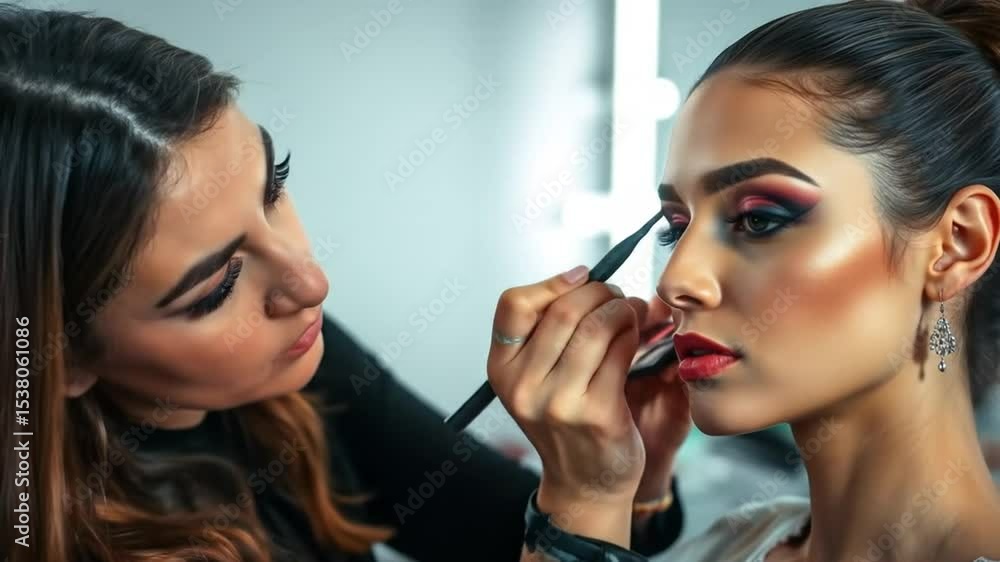 Professional Makeup Artist Applying Eye Shadow on Model for Glamorous Photoshoot Professional Makeup Artist Applying Eye Shadow on Model for Glamorous Photoshoot