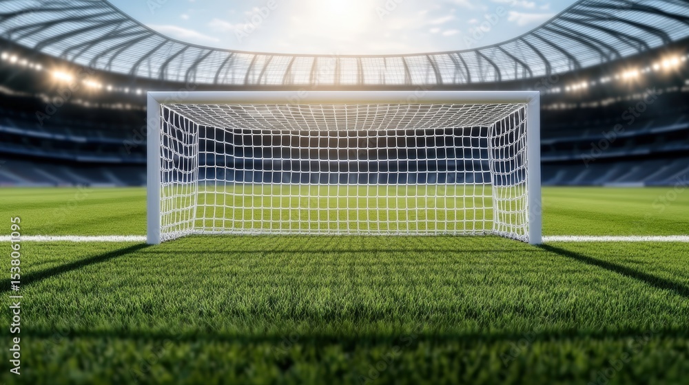 Obraz premium A bright, empty soccer stadium with a focus on the goalpost and net under a partly cloudy sky.