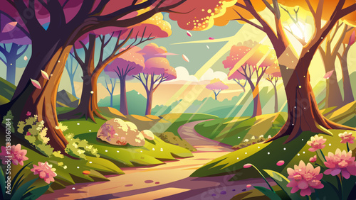 The beautiful spring landscape glows in golden sunlight. A gentle breeze moves through the forest, filling the nature glade with dancing shadows and blossoms in full bloom.