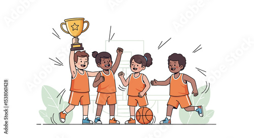 Adobe illustrator artwork vector illustration of a cheerful youth basketball team proudly celebrating their victory with a shiny trophy and a basketball, emphasizing teamwork and achievement