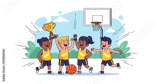 Adobe illustrator artwork vector illustration of a cheerful youth basketball team proudly celebrating their victory with a shiny trophy and a basketball, emphasizing teamwork and achievement