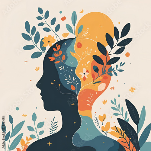 Minimal abstract illustration of mindfulness, human head silhouette, nature elements, peaceful color palette