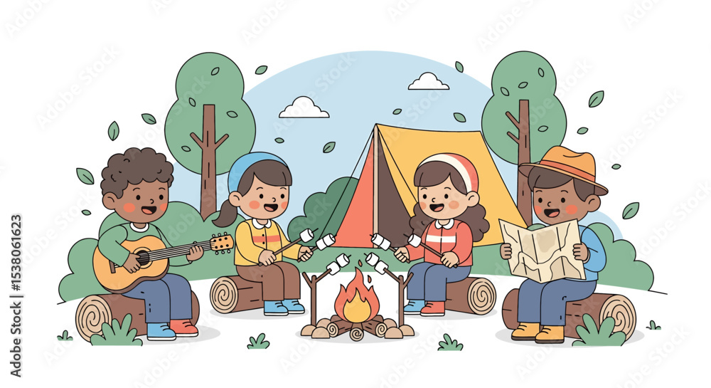 Adobe illustrator artwork vector illustration of happy diverse kids camping outdoors, singing and playing guitar by a campfire, roasting marshmallows, and reading a map near a tent Adobe illustrator artwork vector illustration of happy diverse kids camping outdoors, singing and playing guitar by a campfire, roasting marshmallows, and reading a map near a tent