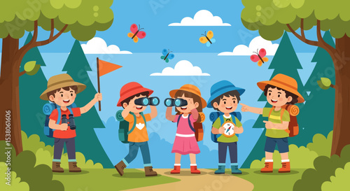 Adobe illustrator artwork vector illustration of a diverse group of kids embarking on an exciting outdoor adventure, exploring a forest with maps and binoculars