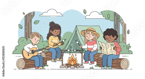 Adobe illustrator artwork vector illustration of happy diverse kids camping outdoors, singing and playing guitar by a campfire, roasting marshmallows, and reading a map near a tent