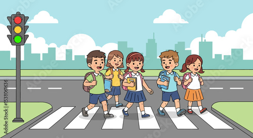 Adobe illustrator artwork vector illustration of cheerful school kids with backpacks crossing a street at a pedestrian crossing, indicating their journey to school