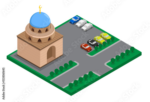 Car park near the city mosque building. Gathering of local residents for regular evening prayers at a local Muslim temple. Aerial view 3D vector isolated on white background