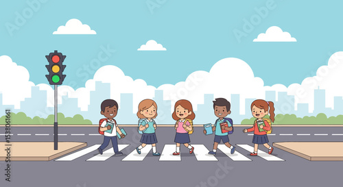 Adobe illustrator artwork vector illustration of cheerful school kids with backpacks crossing a street at a pedestrian crossing, indicating their journey to school