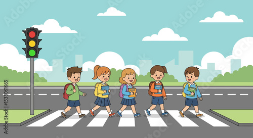 Adobe illustrator artwork vector illustration of cheerful school kids with backpacks crossing a street at a pedestrian crossing, indicating their journey to school