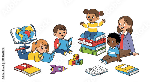Adobe illustrator artwork vector illustration of a teacher reading with a group of diverse children surrounded by books, fostering a love for learning and reading