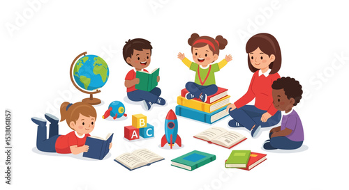 Adobe illustrator artwork vector illustration of a teacher reading with a group of diverse children surrounded by books, fostering a love for learning and reading