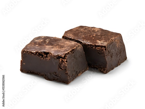 A close up shot of two square pieces of chocolate fudge on a white surface with soft lighting effect