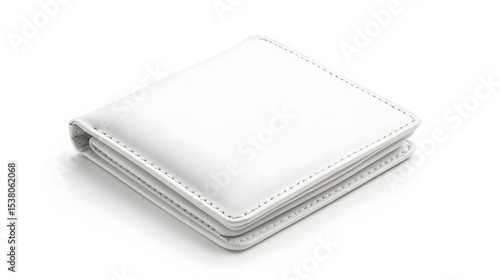 A close up shot of a closed white leather wallet with stitching on a white background in a studio setting