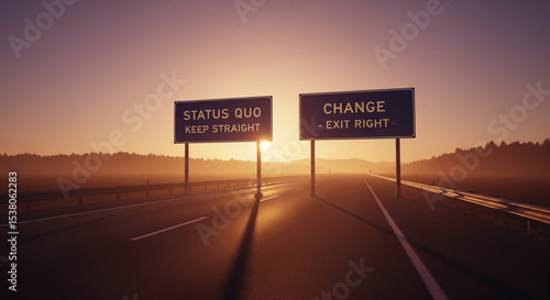 Sunrise over highway with signs indicating 
