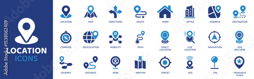 Location - Icon Collection. Thin Line Set contains such Icons as Map, GPS, Pin, Marker, Compass, Direction, Address and more. Simple web icons set.