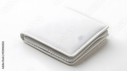 Close up shot of a closed white leather wallet with visible stitching on a white surface in a studio setting